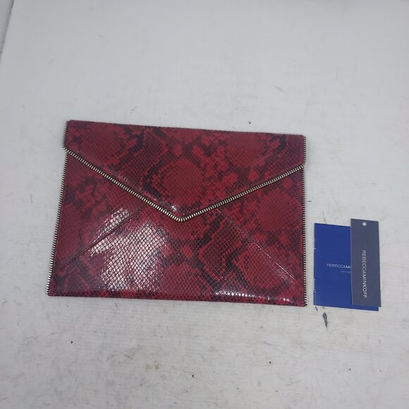 Rebecca Minkoff Zipper  Red Burgundy Snakeskin Envelope Clutch - Picture 3 of 8